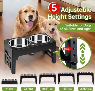 Підвищені годівниці для собак EliteField з нержавіючої сталі (2 роки гарантії), 2 миски, 5 регульованих висот (10.2 см, 24.1 см, 26.7 см, 29.2 см, 32.4 см), для собак будь-якого віку, маленьких та великих