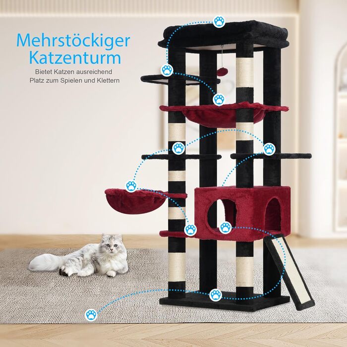 Котячий будиночок Hey-brother Kratzbaum: багатоярусний, 145 см, з лежаком, гамаком та кошиком (червоно-чорний)