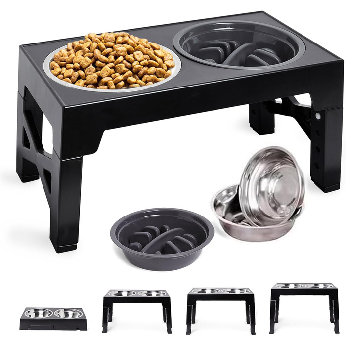Підвищені годівниці для собак DicePro з регульованою висотою та повільною годівницею, 2 миски з нержавіючої сталі – для малих, середніх та великих собак