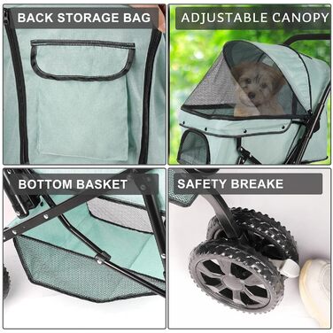 Візок для собак Wedyvko до 20 кг, 4 колеса, складний, для маленьких та середніх собак/кішок, з кошиком для зберігання та тримачем для напоїв, зелений