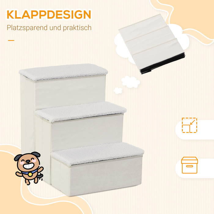 PawHut Pet Stairs Складні сходи для кішок Сходи для собак 3 сходинки з місцем для зберігання для кішок і собак МДФ білий 40x54x48см