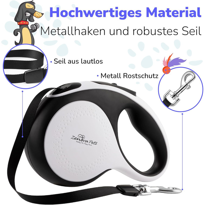 Рулетка для собак Zenova Pets 5м з тримачем для відходів, нейлоновий поводок 360°, антиковзний руків'я та кнопка швидкого гальмування. Підходить для собак великих, середніх та малих порід до 30 кг
