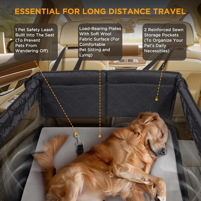Автокрісло для собак великих та середніх порід – водонепроникне, з жорсткою основою, сітчасті вікна, кишені для зберігання та регульовані ремені
