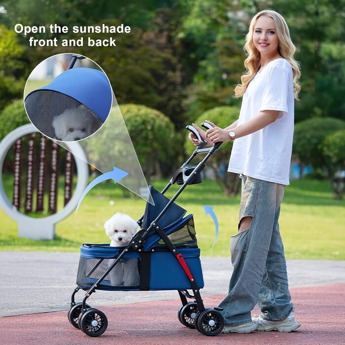 Складана візок для тварин до 10 кг з амортизаторами 360° та сонцезахистом - Легкий вигулювач для котів/маленьких собак (Чорний/Синій)