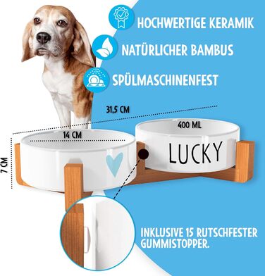 OWLBOOK Миска для собак з гравіюванням імені, подвійна миска для корму та води, кераміка, бамбук, 300 мл (синя зіркочка)