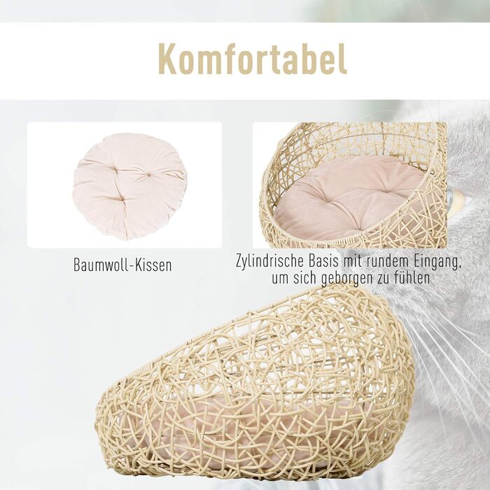 PawHut Ліжко для котів з ротангу з подушкою, котяча хатинка, кошик, лежак для собак і котів, бежевий, Ø56 x 35 см