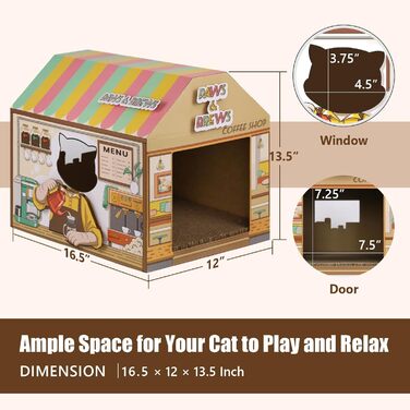 Будиночок для котів SEKAM з картону з котячою м'ятою, 41.8 x 30.5 x 33 см, іграшка-будиночок для котів, котяче дряпання, іграшка для дня народження, укриття для кроликів та дрібних тварин (Café)