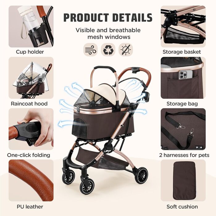 Візок для котів та собак Gimars 20кг, 4-в-1, складання, поворот 360°, гумові колеса, гальмо, захист від дощу, регульована ручка, хакі