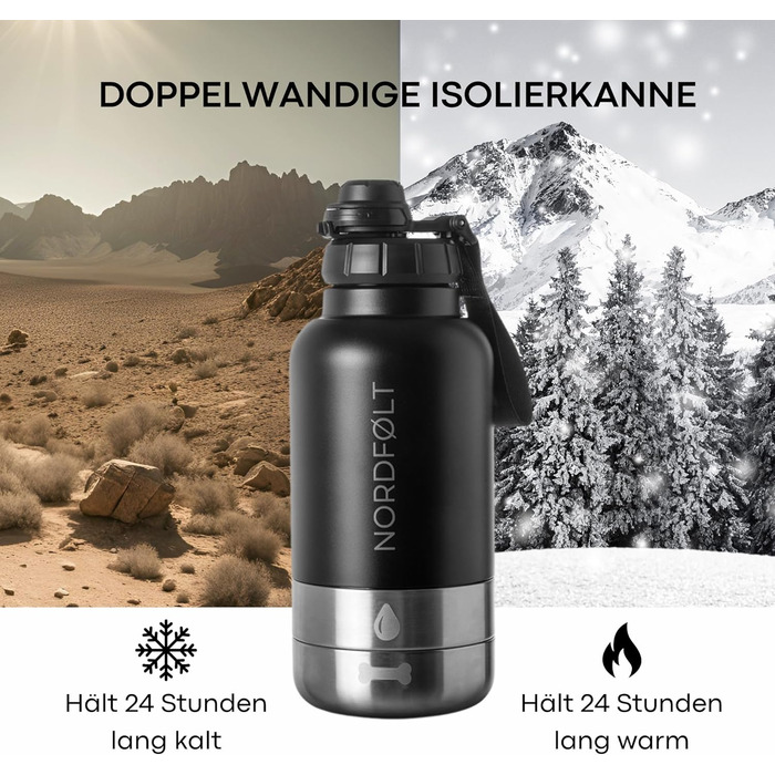 NORDFØLT® Поїлка для собак 4-в-1 з мисками для води та корму, 950 мл, ізотермо-пляшка з нержавіючої сталі, аксесуари для собак, BPA-Free
