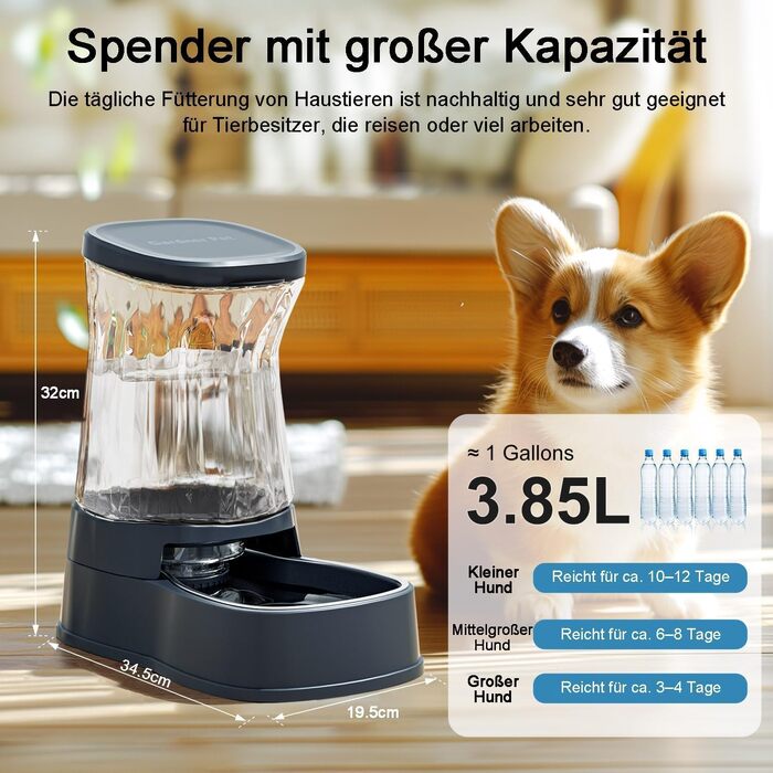 Автонапійник для собак та котів Gardner Pet 3.85л, гравітаційний диспенсер з чашею з нержавіючої сталі, сірий, без BPA