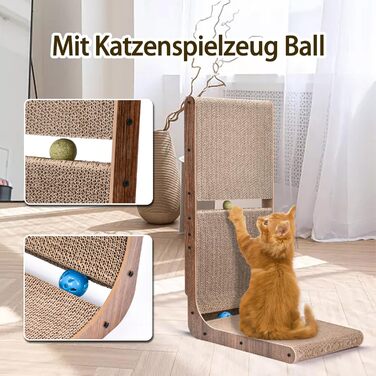 Кігтеточка для котів L-подібна з іграшкою, з картону, 69 см