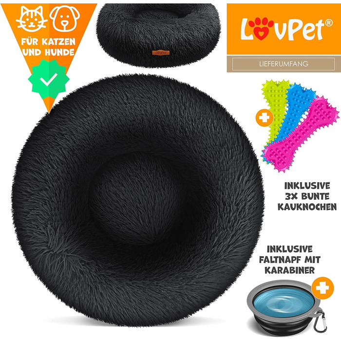 Ліжко-лежак для собак і котів Lovpet Bagel 3XL, 100 см, плюшеве, кругле, темно-синє, з мискою та 3 кісточками, м'яка подушка для малих, середніх і великих тварин, пране