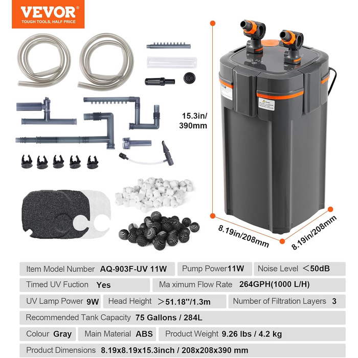 VEVOR фільтр для акваріума 264GPH, 3-ступеневий каністровий фільтр 284 л, ультратихий внутрішній акваріумний фільтр з UV-захистом, багатофункціональний занурюваний фільтр, 11 Вт