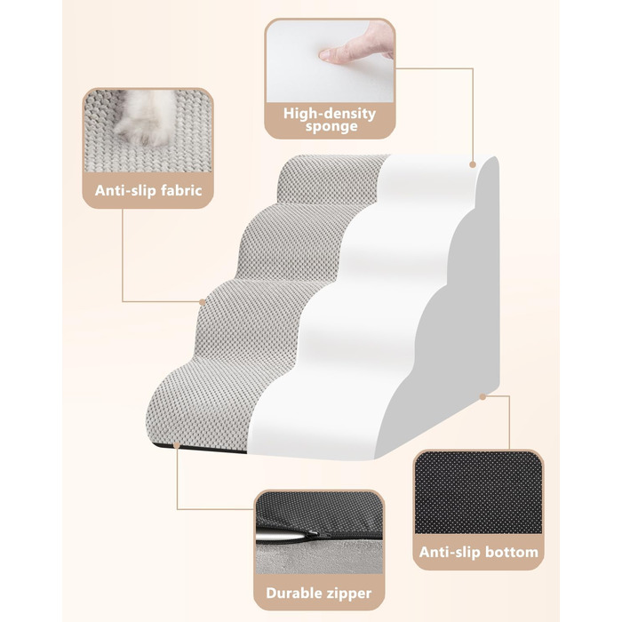 Сходинки для собак та котів до ліжка/дивану, 4-ступеневі, сірого кольору, 44.2 см, зручні та довговічні