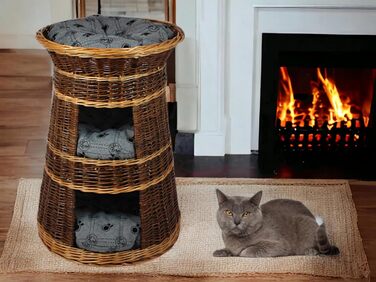 Корзина для котів для сну – котяча хатинка для дому – розмір 43 x 49 x 70 см, кругла – котяча печера з лози, трирівневе ліжко для собак або котів з пральним подушками в бежевому кольорі – лакована корзина (подушка світло-сіра)