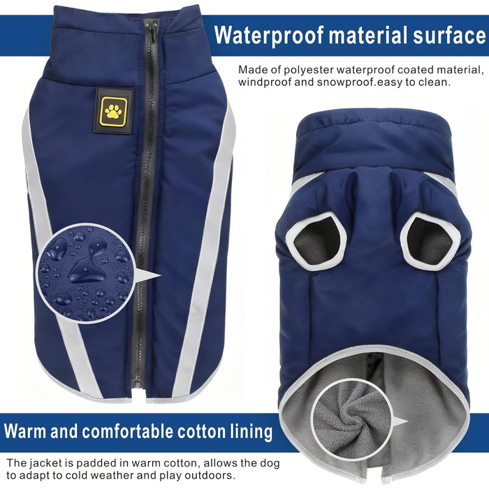 Водонепроникний зимовий дощовик для собак Idepet, тепла куртка, вітронепроникний одяг для собак, куртка для собак з отвором для шлейки -6 (4XL, Navyblau)