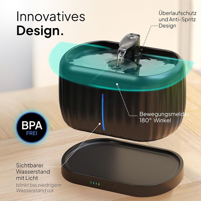 Турбофонтанчик для котів Pretty Paw з датчиком руху, бездротовий, 45 днів роботи від акумулятора, фільтр, 4 л, BPA Free, чорний