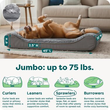 Ортопедичне ліжко для собак Furhaven, Jumbo/XL, сірий, 114 x 76 x 15 см. Знімний, пральний чохол, ультрам'яке штучне хутро та велюр. Для собак до 34 кг.
