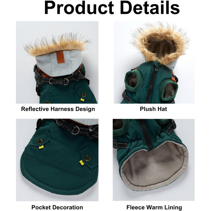 Зимовий теплий пуховик для собак з протекторними отворами, вітронепроникна куртка для холодної погоди, бавовна, костюм для цуценят, маленьких та середніх собак, розмір XL (2XL: обхват грудей 55 см, Стиль 6: зелено-коричневий)