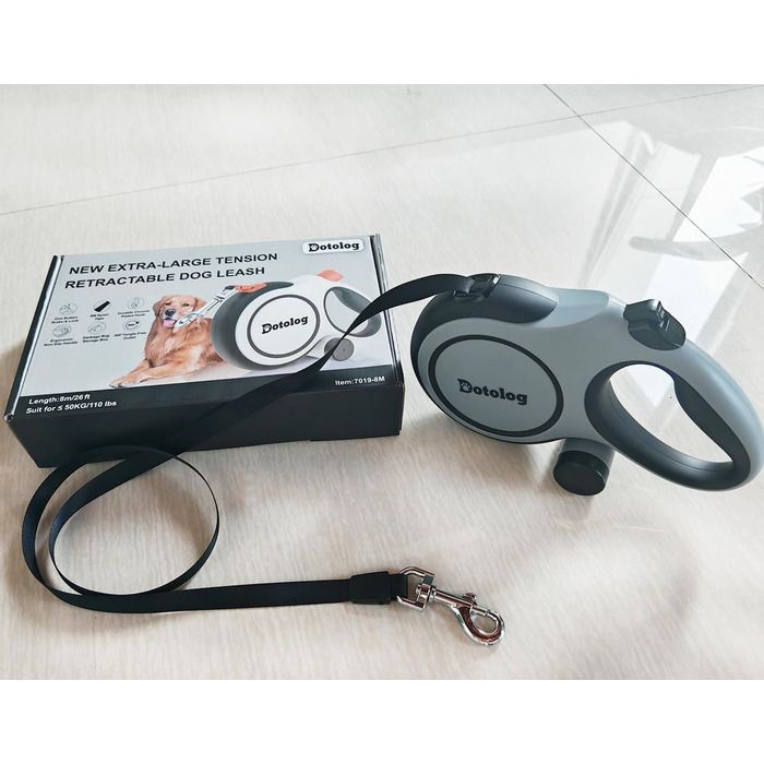 Рулетка для собак Dotolog 8м, висувна повідка для собак середніх та великих порід до 50 кг, повідка-рулетка, сіра/чорна