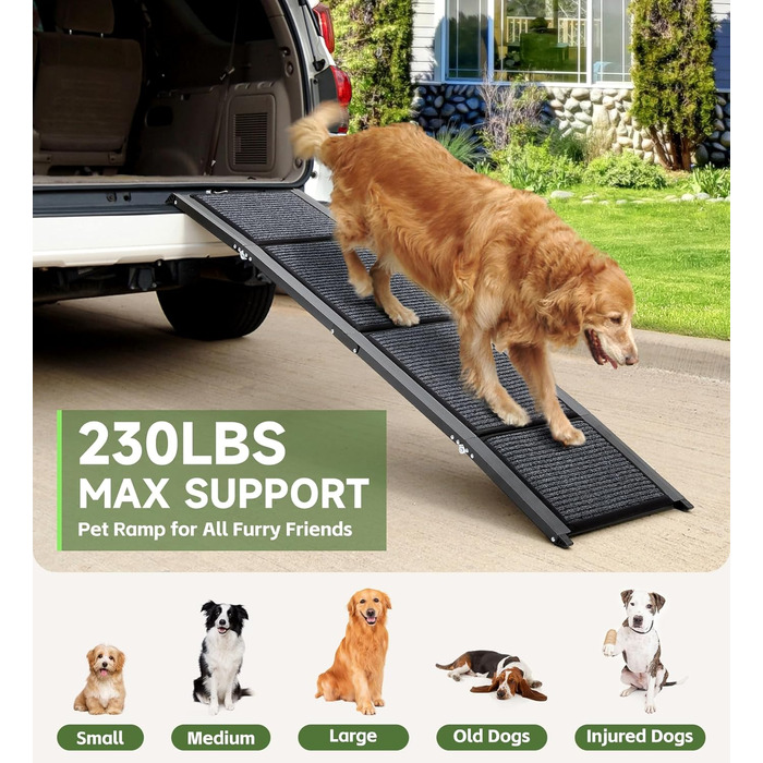 Рампа для собак, 170 см, складана, з антиковзким покриттям, для собак середніх та великих порід (до 113.4 кг), легка та портативна, 160x44 см