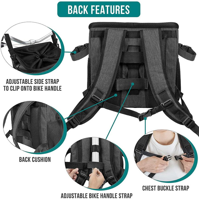 PetAmi Корзина для собак на велосипед, м'яка, з вентиляцією, рюкзак-переноска для собак, корзина на кермо велосипеда, для цуценят, котів, маленьких та середніх собак, автокрісло з ременем безпеки (сірий) (темно-сірий)