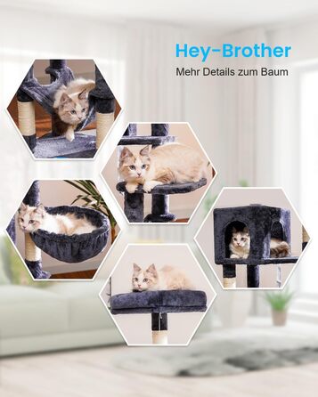 Котячий дряпак Hey-brother 154 см, стійкий, з сизалевим канатом, гамаками, кошиком, будиночком і платформою, димчасто-сірий