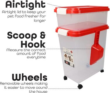 DIVCHI Контейнер для зберігання корму для тварин, 3 шт. з мірною ложкою, для собак, котів, корму для тварин, сухий корм, з роликами (Червоний)