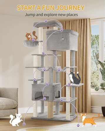 Котячий будиночок Hzuaneri XXL з 10 стовпчиками для дряпання, 2 печерами, 2 гамаками, великою платформою, щітками для котів, кошиком. Підходить для Maine Coon, великих котів, сірий колір MS20018LG