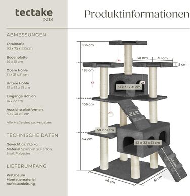 tectake XXL Дерево для котів 186 см, сизалевий стовп, іграшки, будиночок, драбинка, майданчики, антрацит