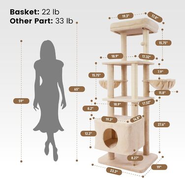 Кігтеточка для котів Gardner Pet Katzenbaum, велика, 105 см. Активна кігтеточка з колоною, платформою, 2 печерами, кошиком для котів. Компактні меблі для котів у квартиру, темно-бежева (L (59 x 48 x 165 см))