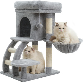 Кігтеточка Heybly Kratzbaum 75 см: кігтеточка-вежа з платформою, будиночком, гамаком, драбиною та іграшками для котів, сірий колір, HCT009SM