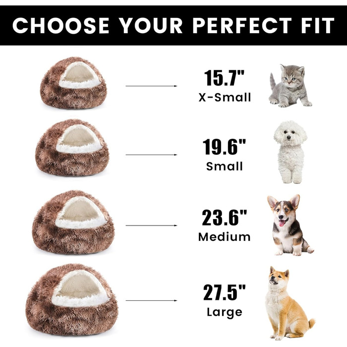 Кругле собаче ліжко NOYAL з капюшоном для маленьких та середніх тварин – плюшеве, м'яке, заспокійливе ліжко-печера для котів та собак (Large 27.5