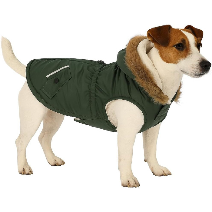 Зимовий теплий одяг для собак Flamingo Kimo, зелений, XS, 35 см – водонепроникний, з капюшоном, на липучці, з отвором для шлейки