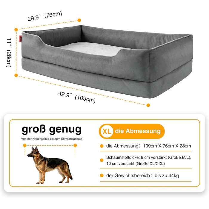Ортопедичне ліжко для собак Zedelmaier (середні та великі породи), 90x68x25 см, з кошиком, стійким до подряпин, товстим матрацом, зручним диваном з ергономічною конструкцією та знімним чохлом (L 109 x B 76 cm, Темно-сірий)