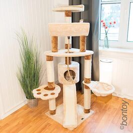 Дряпка для котів Bontoy Lou, кремово-коричнева, 145 см, велика лежанка 46 см, ігровий комплекс для відпочинку, ігор та точіння кігтів