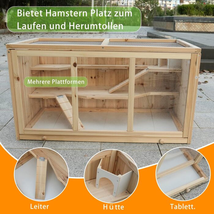 Клітка для хом'яка з сосни, 94,5 x 48,5 x 49,5 см, з платформами, драбиною та будиночком