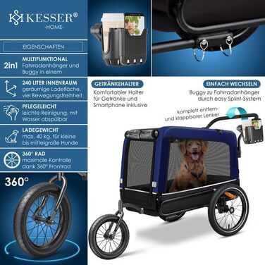 KESSER® Візок для собак Боксер 3-в-1: візок, буксир для велосипеда та буксир для бігу. Великий об'єм 240 літрів, амортизація, поворотне переднє колесо 360°, матеріал 600D Oxford Canvas, SmartSpace, максимальне навантаження 40 кг, колір Navy Blue