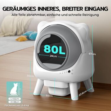 Автоматичний лоток для котів Cura X1 Katzenklo: самоочищення, 80+8 л, датчики безпеки, контроль через додаток, для кількох котів