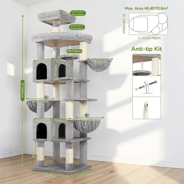 Комплекс для котів Globlazer XXL 209 см з 2 будиночками, великою платформою, 3 кошиками, ситцевими стійками, 8 стовпчиками з сизалю. Стабільний комплекс для котів Globlazer (S82, сірий)