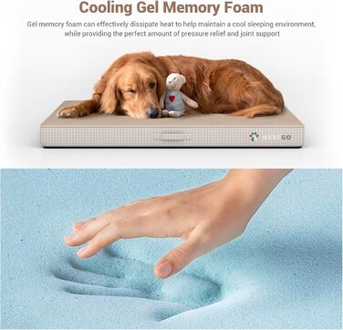 Велике ортопедичне ліжко для собак з гелевою піною та фетровою тканиною, знімний чохол та водонепроникний вкладиш (89 x 56 x 9 см, Бежевий)