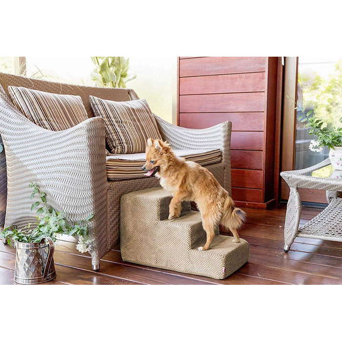 Сходинка для собак та котів 30 см | 3 сходинки | М'який плюшевий чохол | Бежевий колір | Для дому та автомобіля