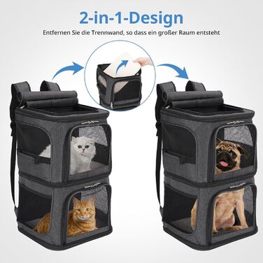 Рюкзак для котів та собак FASRIOU на 2 тварини до 12 кг, чорний, з матом та сіткою