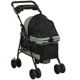 Складаний візок для собак (buggy) з подушкою, сітчастими вікнами та підстаканником, колеса 360°, для малих собак до 10 кг, сірий