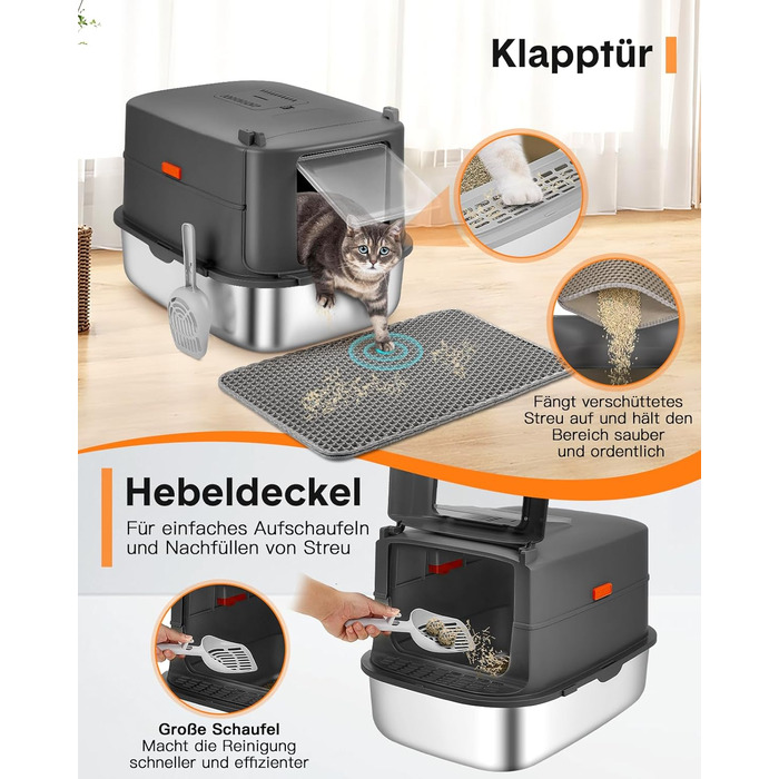 Котячий туалет з нержавіючої сталі Papettly XXL з кришкою, 30 л, знімний високий бортик, килимок для наповнювача, легке очищення, 58x42x40 см
