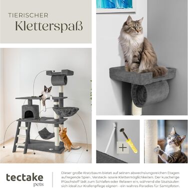 Котячий дряпак tectake 141 см, ігровий комплекс для котів з будиночком, гамаком, іграшкою, драбинкою, сірий, плюш та сизаль, широкий
