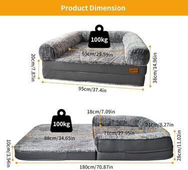 Ортопедичне собаче ліжко BingoPaw для собак та людей: XXXL, 180x96x10 см, сіре, знімний чохол з PV-велюру, PU-шкіра