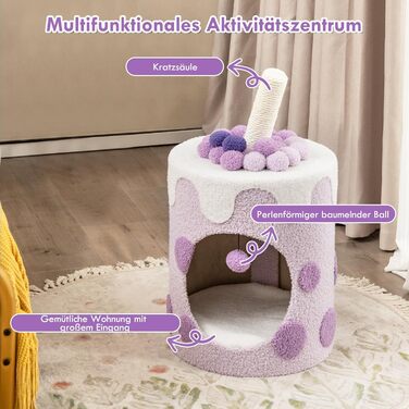 Кігтеточка GYMAX для котів, будиночок-кігтеточка, кігтеточний комплекс з будиночком, іграшками, 37x37x67 см (фіолетовий)