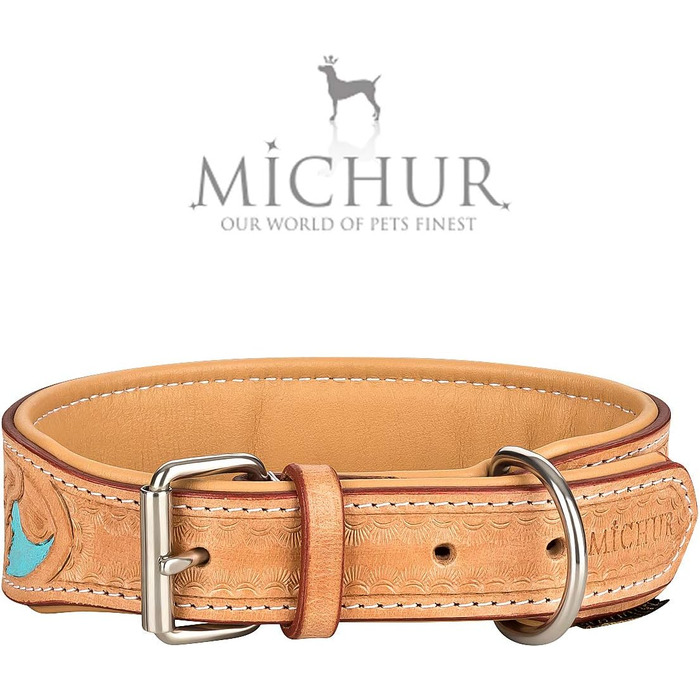 Обідній шкіряний нашийник для собак Mariano, бежевий, блакитний, коричневий, з візерунком квітів, розмір 24-28,5 см