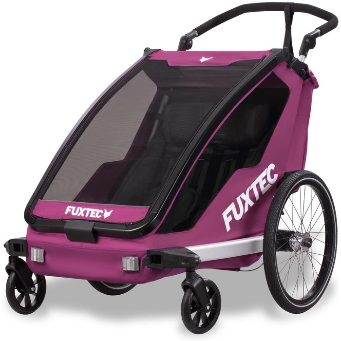 Причіп для велосипеда Fuxtec Sportfux на 2 місця, з багажником, світловідбивачами, ручкою-штовхачем, захистом від дощу та сонця, складаний, фіолетовий FX-FA1